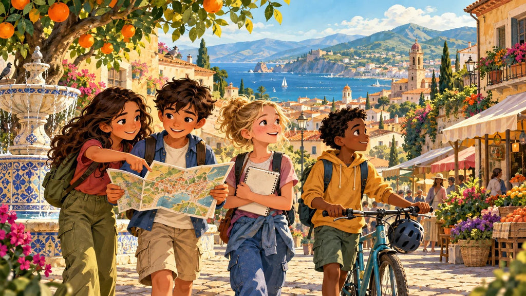 Spanish Verb Quest: four young friends exploring an illustrated Spanish town