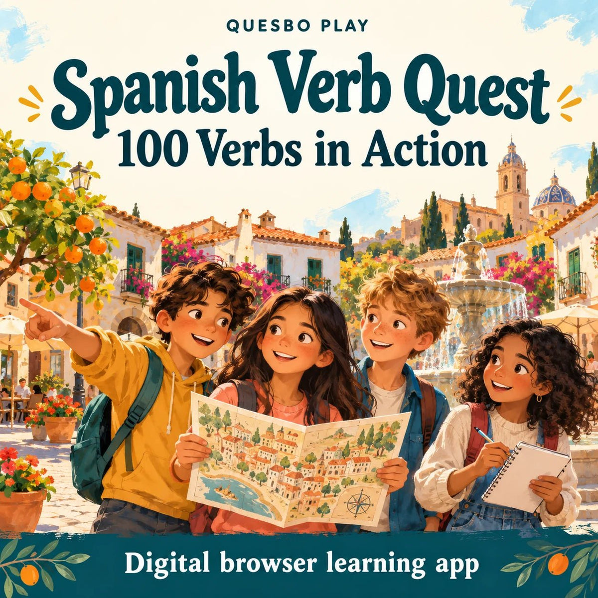 Spanish Verb Quest — 100 Verbs in Action, an illustrated Quesbo Play digital browser learning app.