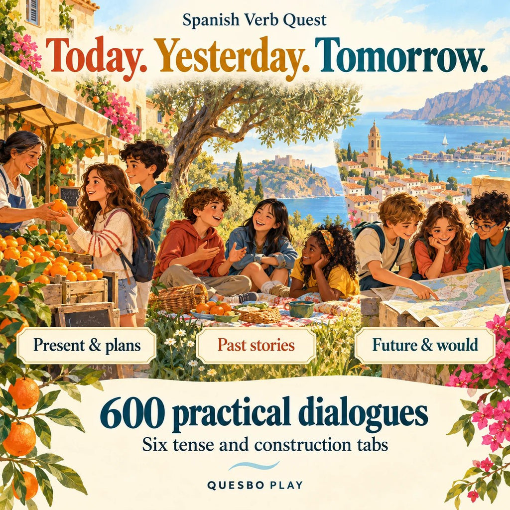 Spanish Verb Quest offers 600 practical dialogues across six tense and construction tabs: present and plans, past stories, future and would.