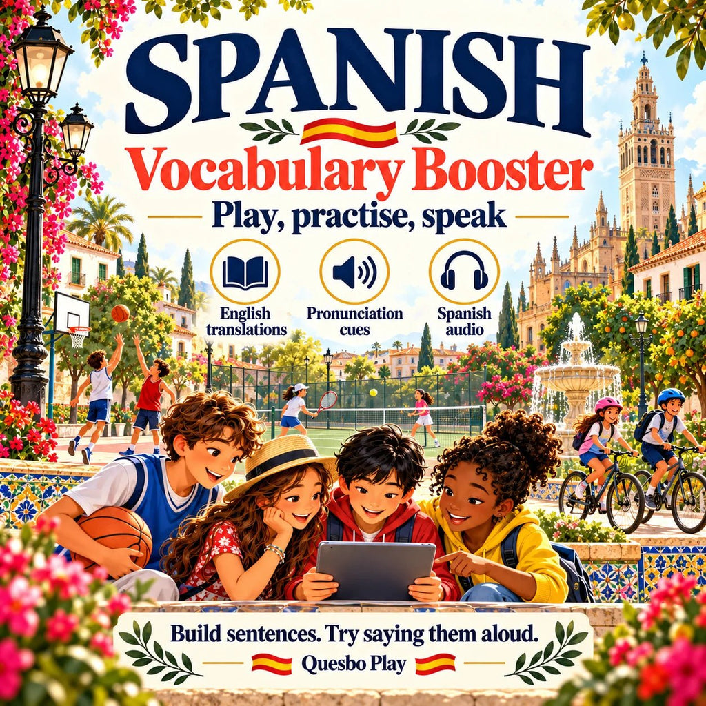Spanish Vocabulary Booster — Out & About: English translations, pronunciation cues and Spanish audio.
