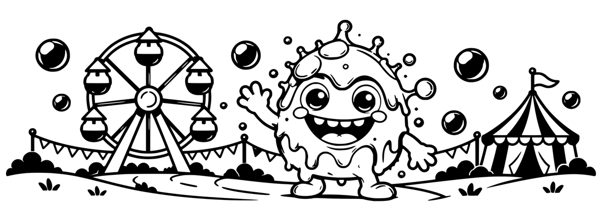 Splash Monster Funfair — flat black-and-white 360-degree laser engraving artwork. A happy splash monster visits a whimsical funfair of round rides, bubbles and bunting.
