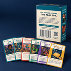Back of the Spy Switch game box with a row of six colourful sample cards against a dark blue background.
