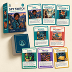 Spy Switch game box, face-down deck and a spread of Spy, Contact, Shadow, Access, Getaway and action cards.
