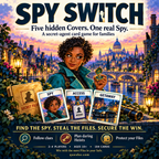 Spy Switch illustrated overview showing a young secret agent, game cards and a canal city at sunset.