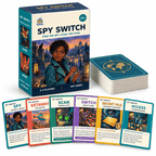 Spy Switch game box and card deck with Spy, Getaway, Scan, Switch, Secret File and Access cards arranged in front.