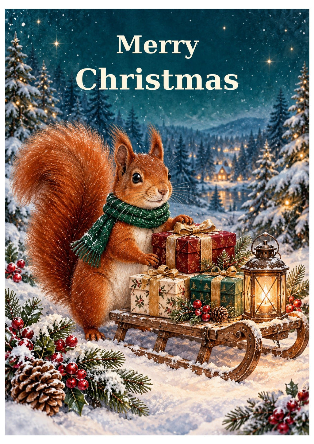 Squirrel Christmas delivery card with Merry Christmas lettering.
