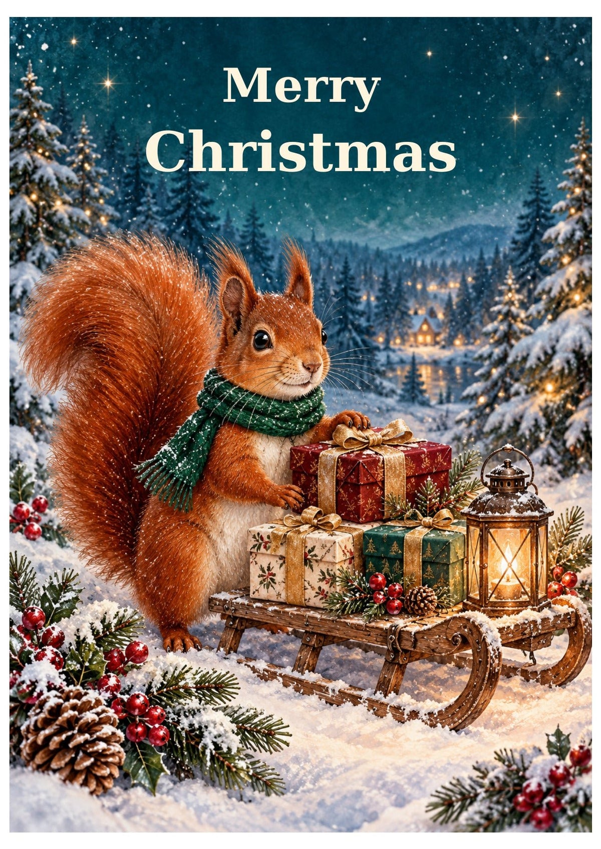 Squirrel Christmas delivery card with Merry Christmas lettering.