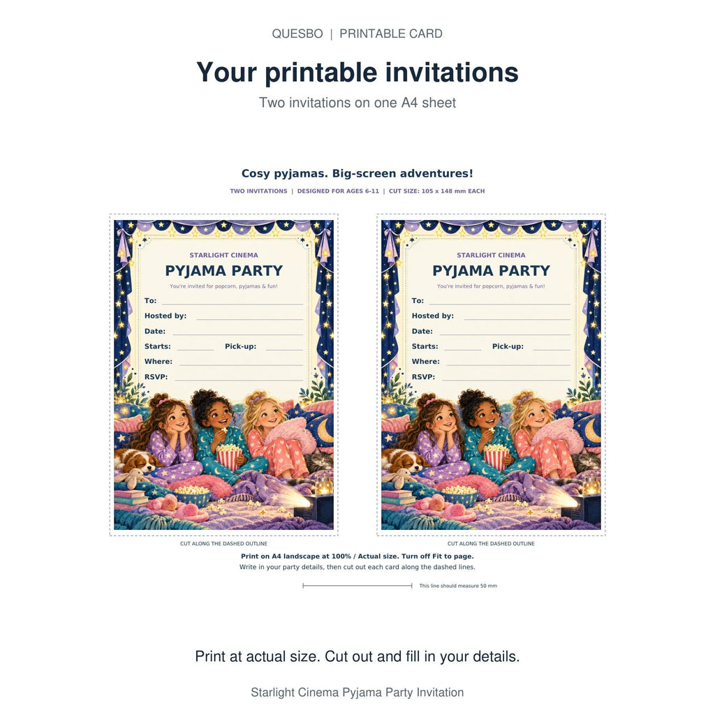 PDF print layout for Starlight Cinema Pyjama Party Invitation, showing two invitations and the wording and blank event-detail fields.