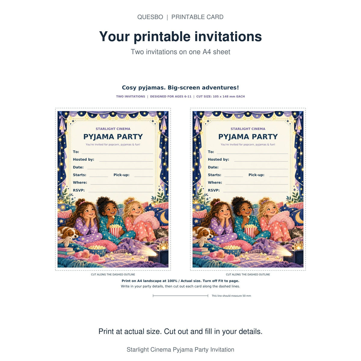 PDF print layout for Starlight Cinema Pyjama Party Invitation, showing two invitations and the wording and blank event-detail fields.