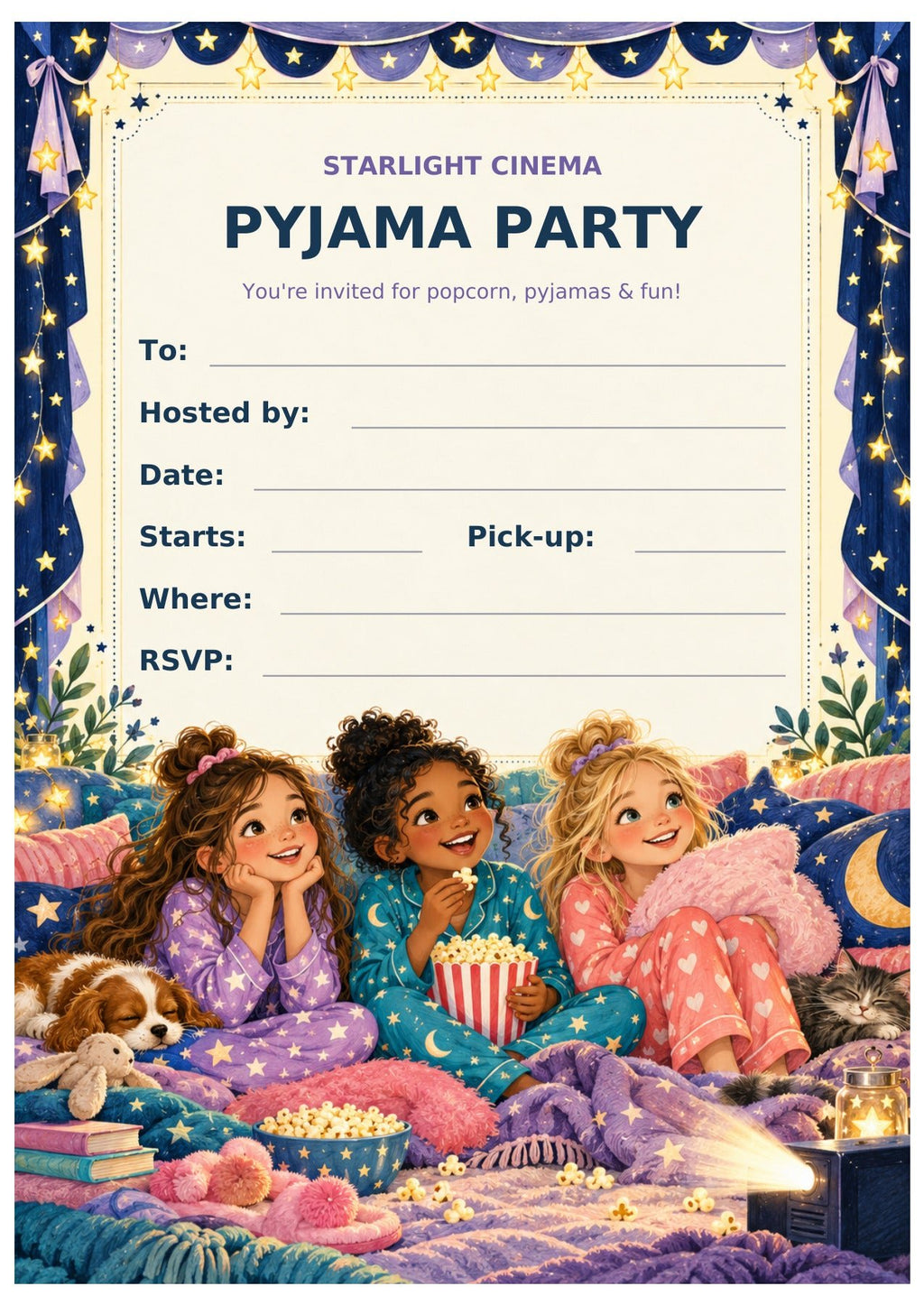 Starlight Cinema Pyjama Party invitation with starry decorations, children in pyjamas and spaces for party details.