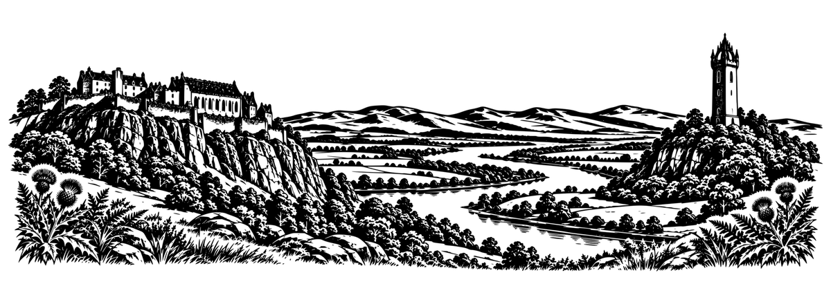 Stirling Heritage Panorama: black-and-white panoramic laser engraving artwork, design only.