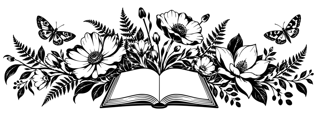 Storybook Botanica black-and-white wrap engraving artwork showing an open book with blank pages, flowers, ferns and butterflies; design only