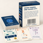 Back of the SUMMITRI box beside a number card deck, Garden location, movement and site closure cards.