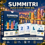SUMMITRI game overview featuring a colourful illuminated skyline, game box and number, shape and river cards.