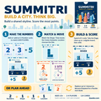 SUMMITRI how-to-play guide illustrating adding numbers, matching shapes, moving and scoring city towers.