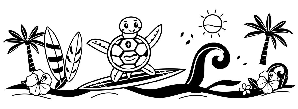 Surf Turtle Festival: black-and-white panoramic engraving design. A surfing turtle, decorated boards and curling waves.
