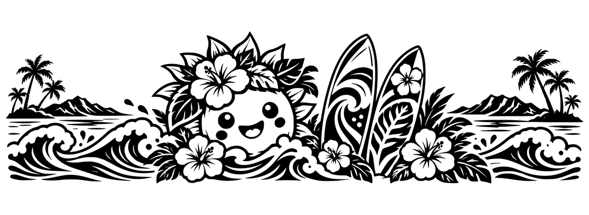 Surfside Friendship black-and-white panoramic engraving design with tropical craft-inspired motifs; design only
