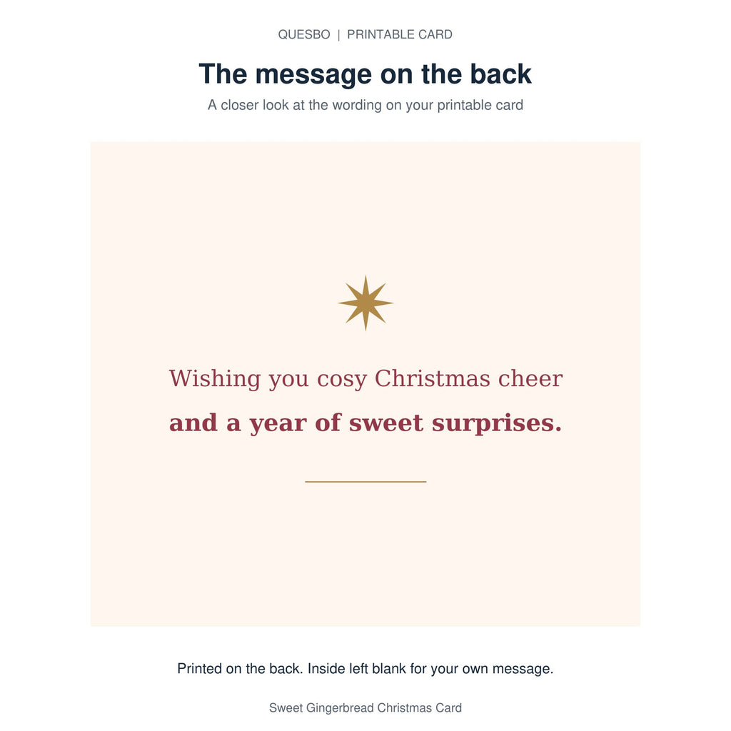 Printed message on the back of the PDF card: Wishing you cosy Christmas cheer and a year of sweet surprises. The inside is blank for your own handwritten message.
