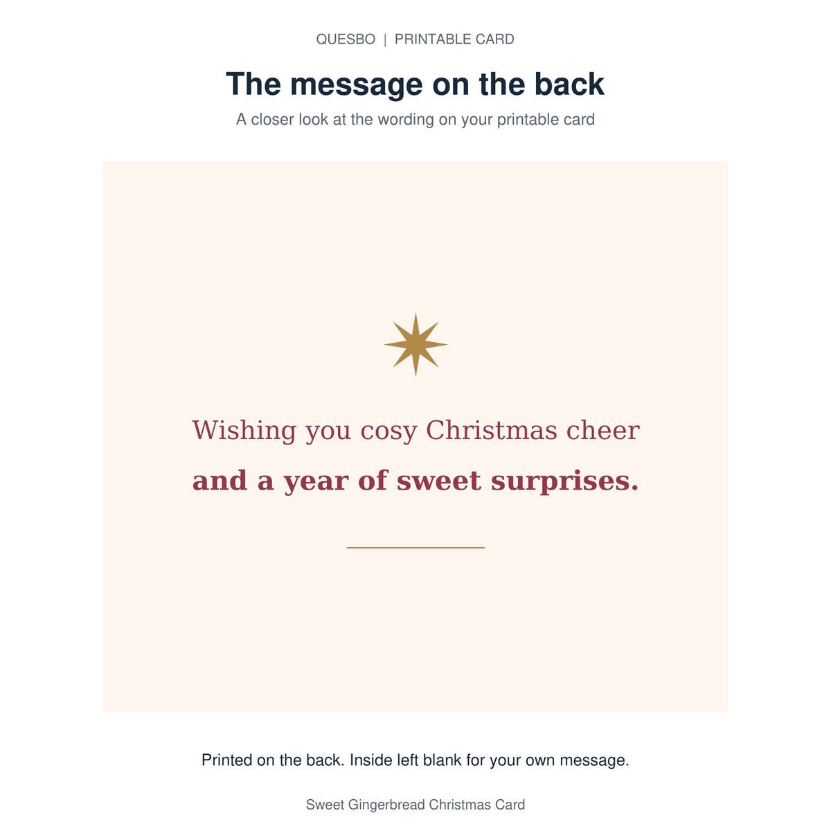 Printed message on the back of the PDF card: Wishing you cosy Christmas cheer and a year of sweet surprises. The inside is blank for your own handwritten message.
