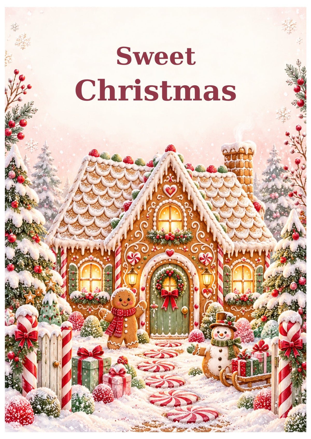 Decorated gingerbread house with sweets and snowy trees, beneath Sweet Christmas lettering.