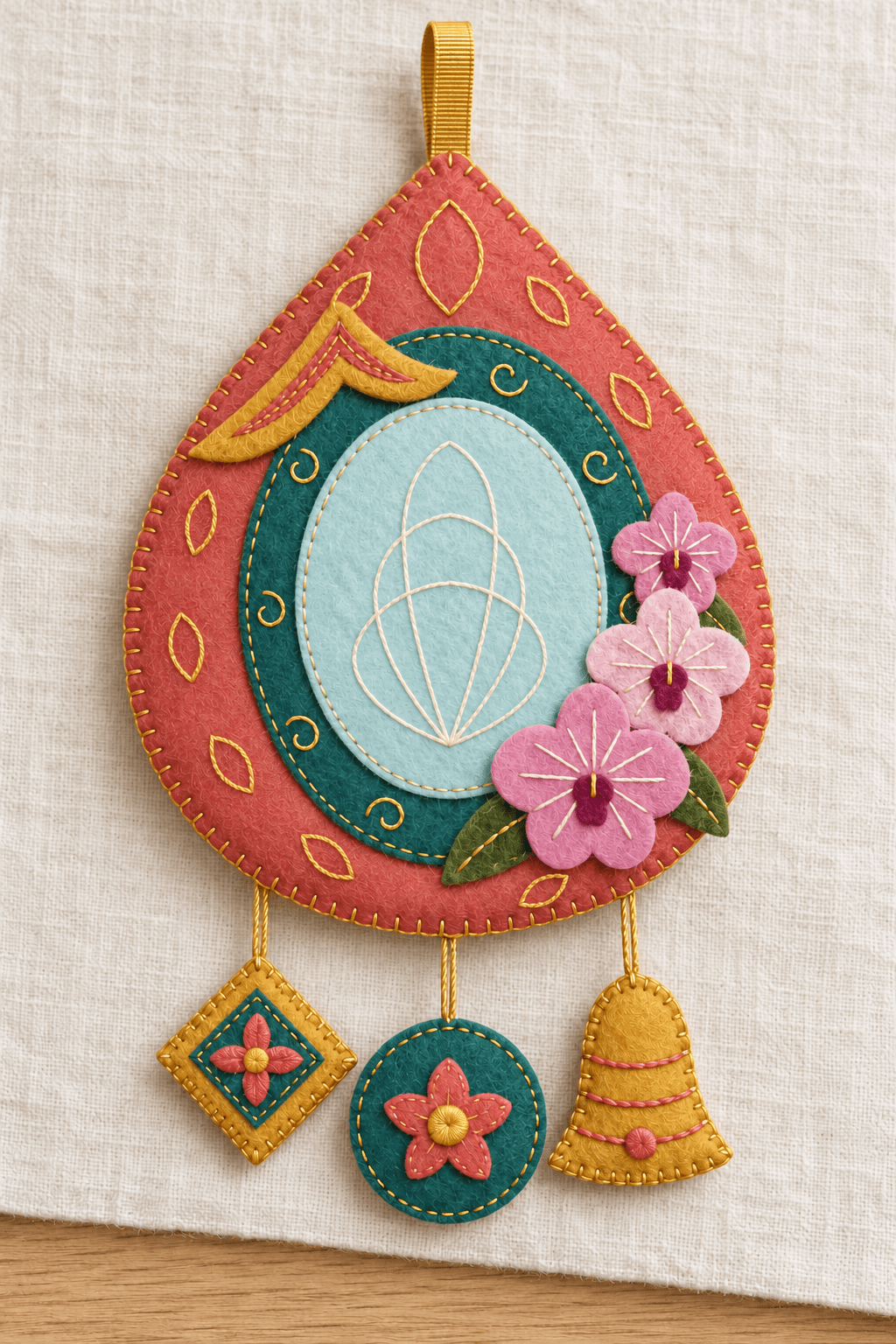 Finished Thai-inspired felt pendant with a teal centre, embroidered lantern motif, pink orchids and gold hanging charms.