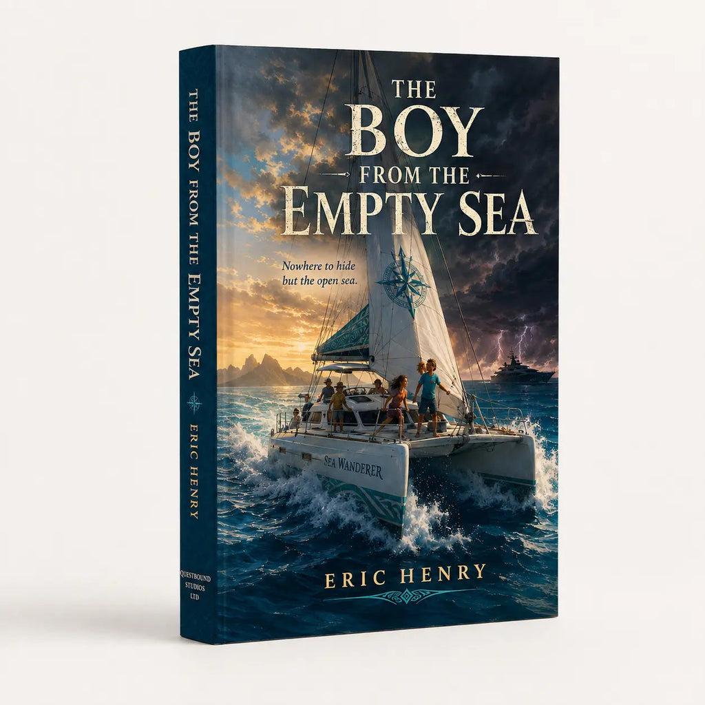 The Boy from the Empty Sea book shown at an angle, with a catamaran sailing through waves beneath dramatic clouds.