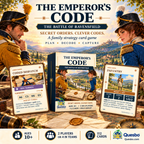 The Emperor's Code illustrated overview showing opposing military officers, the game box, Infantry and Code Dispatch cards.