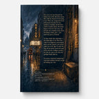 The Girl Who Wouldn't Stay in the Wings back cover with a story summary beside theatre curtains and a rainy London street.