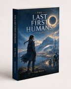 The Last First Humans book shown at an angle, with a young explorer and robots overlooking a futuristic valley beneath an eclipse.