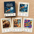 The Last Visitor box with four painting cards, including The Moonlit Fox and Guitar by the Open Door, on a wooden table.
