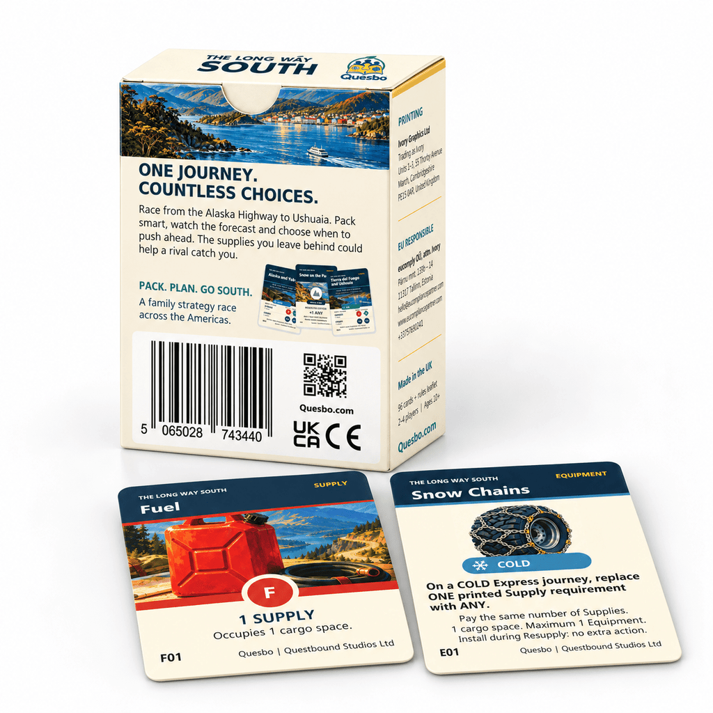 Back of The Long Way South game box beside Fuel and Snow Chains cards on a white background.
