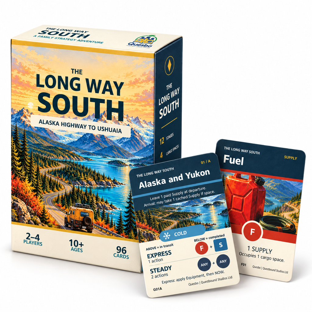 The Long Way South game box with mountain lake artwork beside Alaska and Yukon and Fuel cards on white.