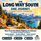 The Long Way South illustrated overview showing a yellow off-road vehicle travelling beside a mountain lake.