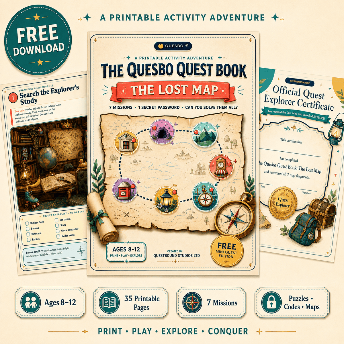 The Lost Map – Free Printable Kids Adventure Activity Book | Ages 8–12 - Quesbo