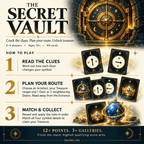The Secret Vault how-to-play guide showing how to read clues, plan a route and match and collect treasure.