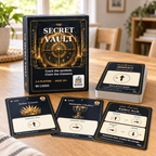The Secret Vault box and face-up artefact deck with Solar Crown, Moonlit Chalice and Timber Arch cards on a wooden table.