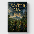 Front cover of The Water Map of Bali with two young explorers facing green terraces, temple roofs and a distant mountain.