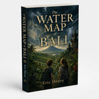 The Water Map of Bali book shown at an angle, with two explorers overlooking green rice terraces and a mountain.