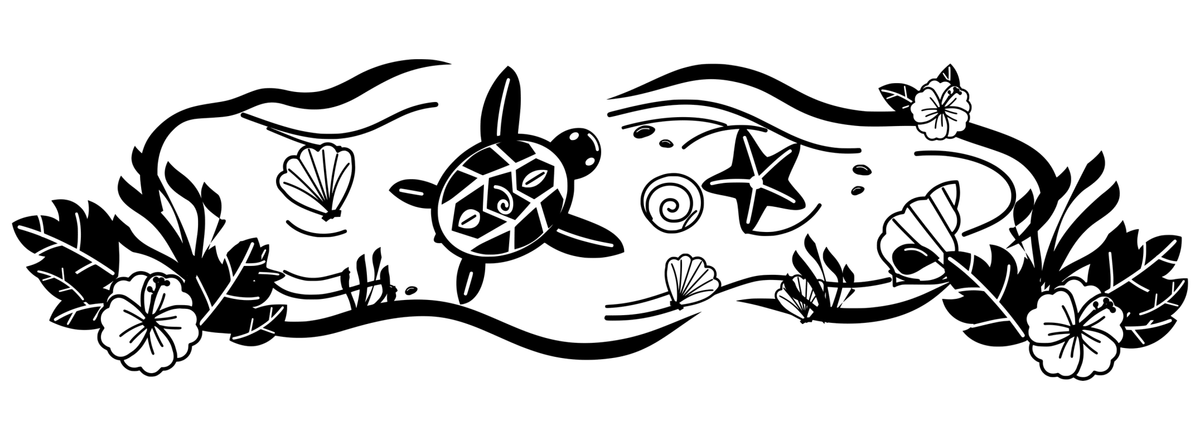 Tidepool Constellation: black-and-white panoramic engraving design. An ornamental turtle, shells, starfish and tidal pools.