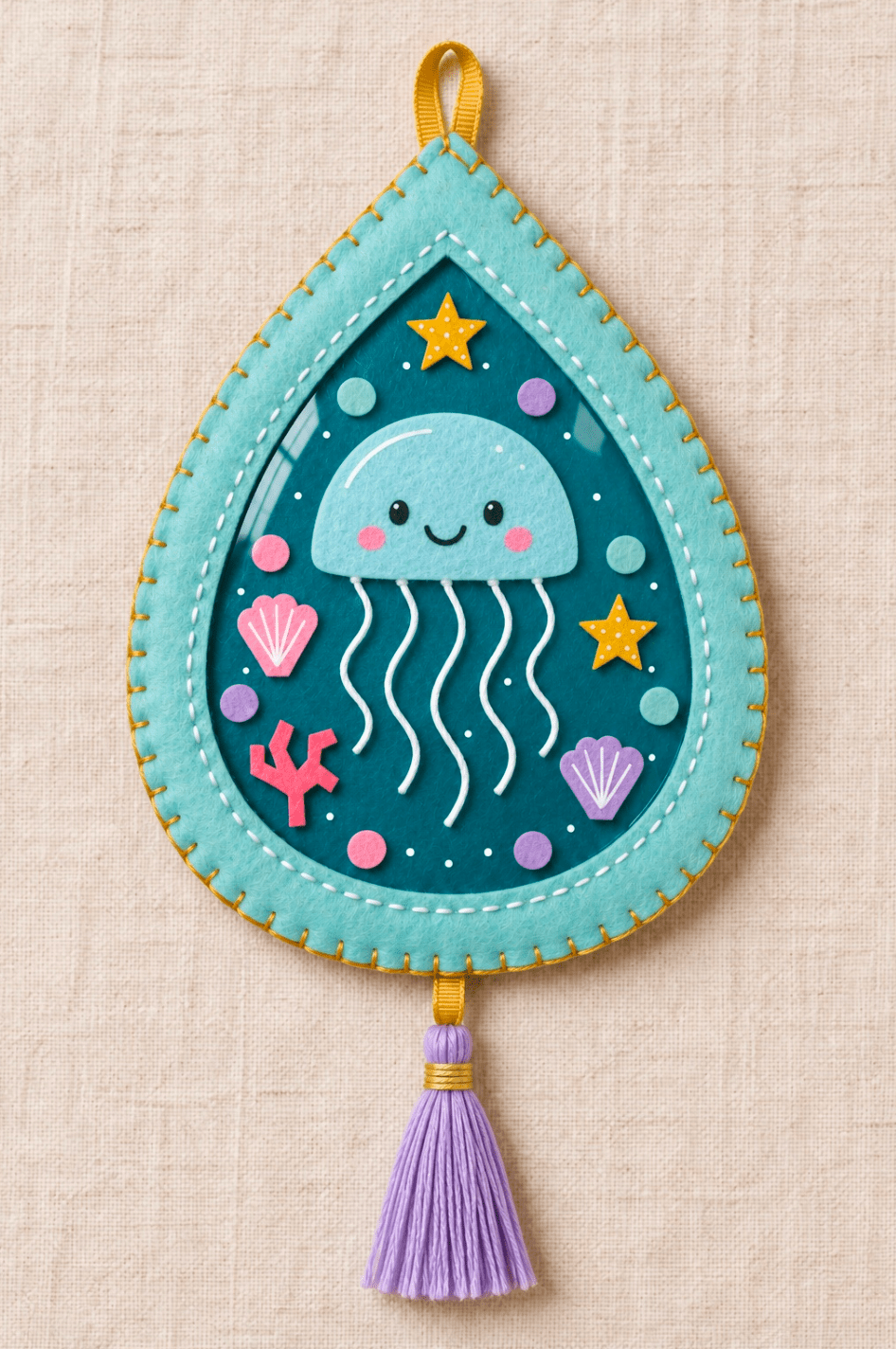 Tidepool Moon Jelly craft design: a turquoise teardrop-shaped felt pendant with a smiling jellyfish, shells, stars and a lilac tassel.