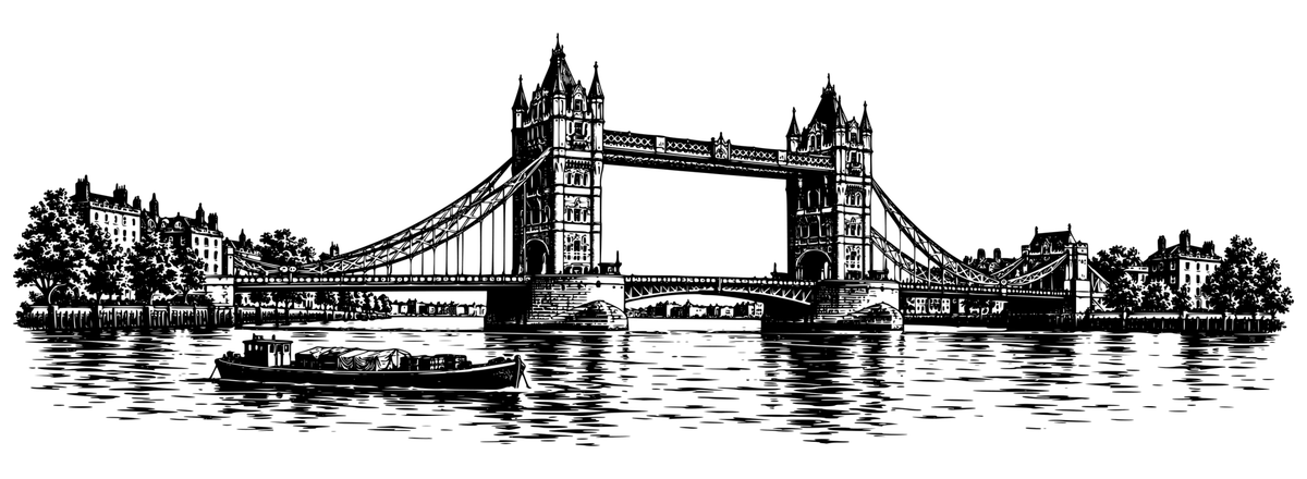 Tower Bridge & Old Thames: black-and-white panoramic laser engraving artwork, design only.