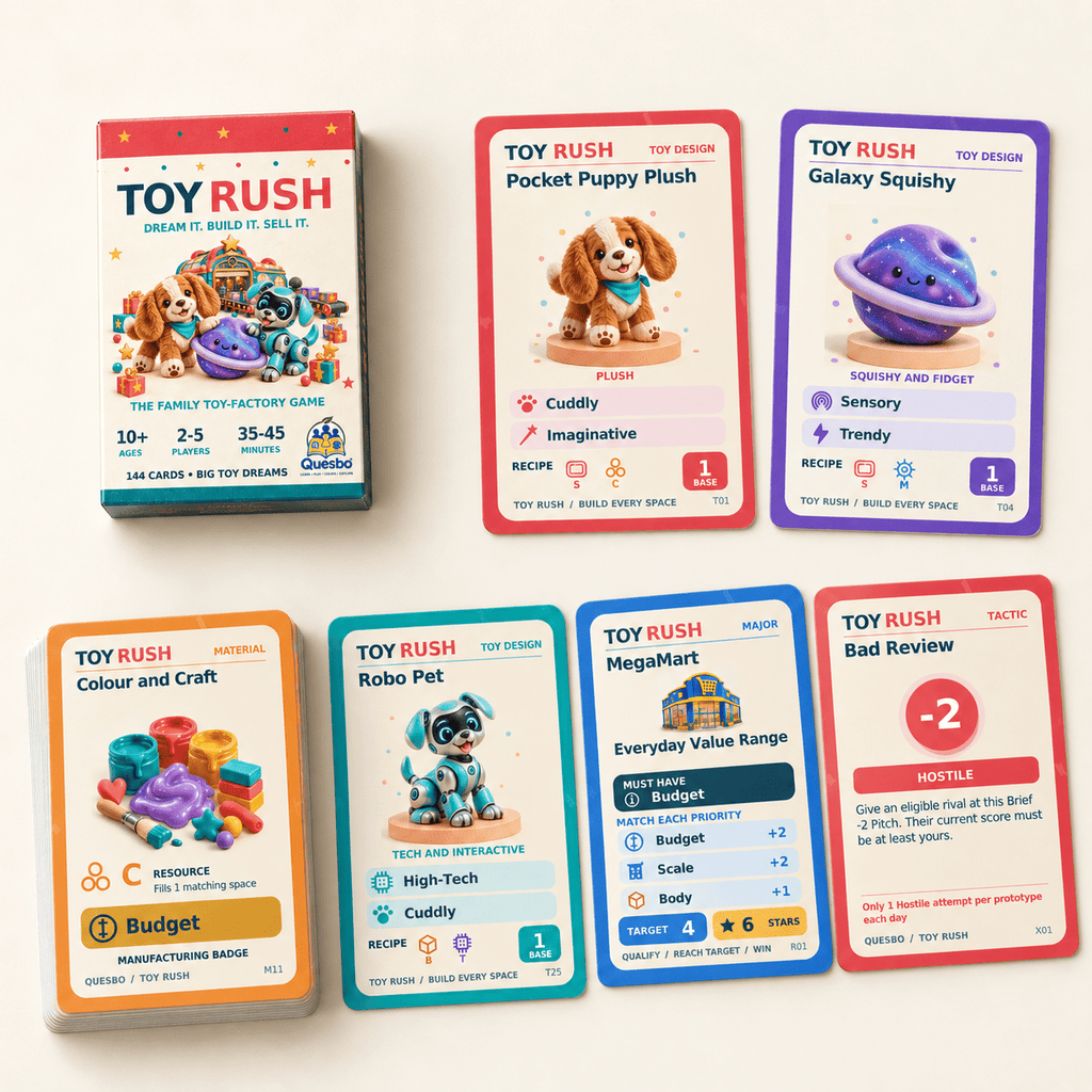 TOY RUSH box beside six sample cards featuring plush, sensory and robot toys, craft materials and market events.