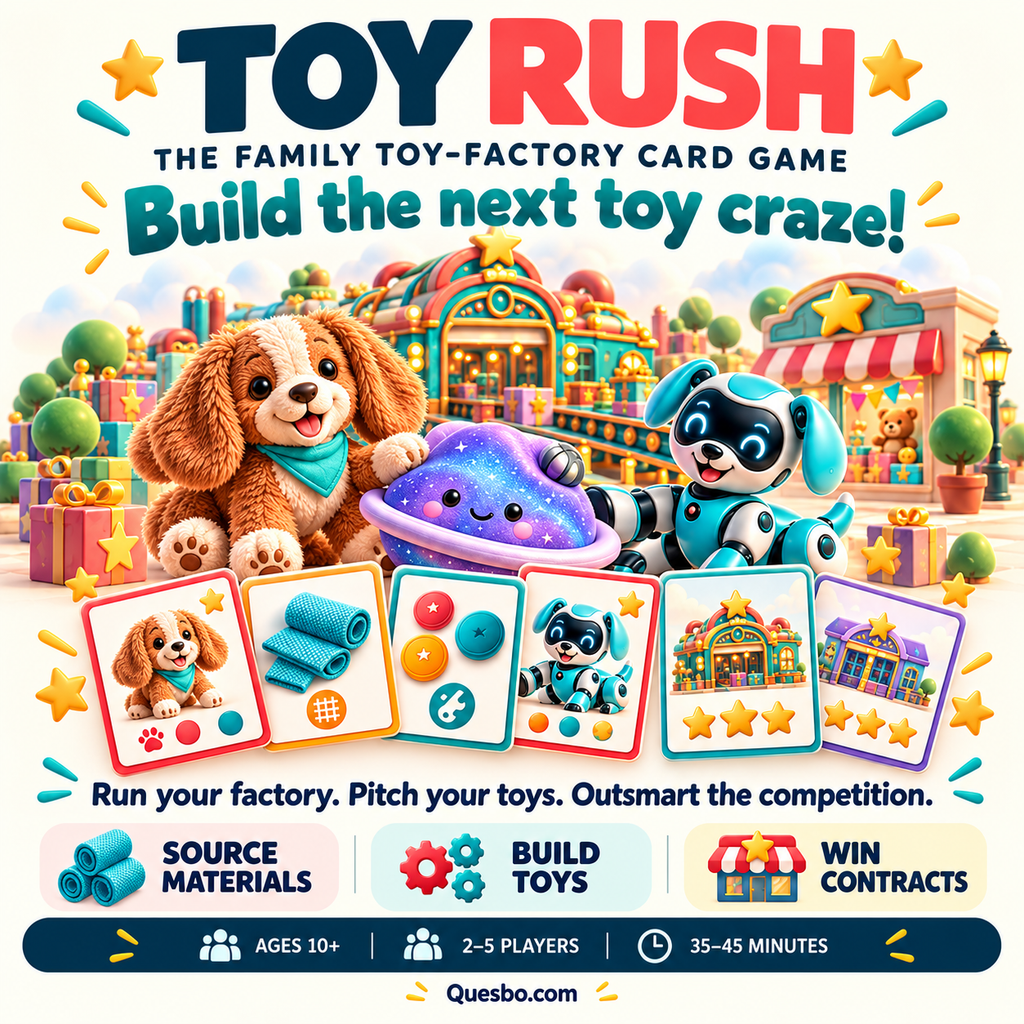 TOY RUSH illustrated game overview with toy animals and cards, showing sourcing materials, building toys and winning contracts.