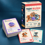 TOY RUSH game box with a stacked deck and puppy plush and robot toy cards on a dark blue background.