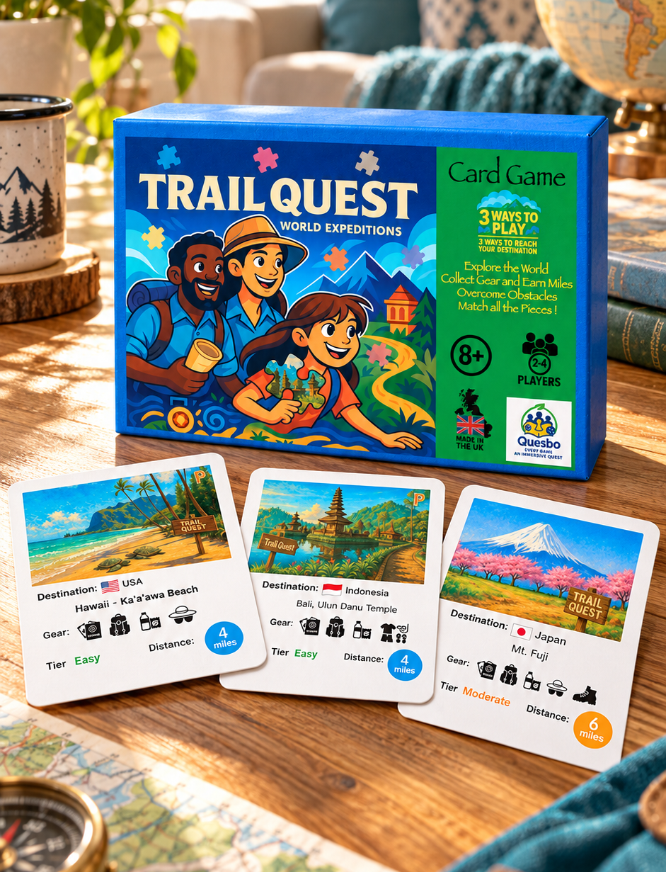 Trail Quest® World Expeditions Kids Travel Strategy Card Game Ages 8+ (First Edition) - Quesbo