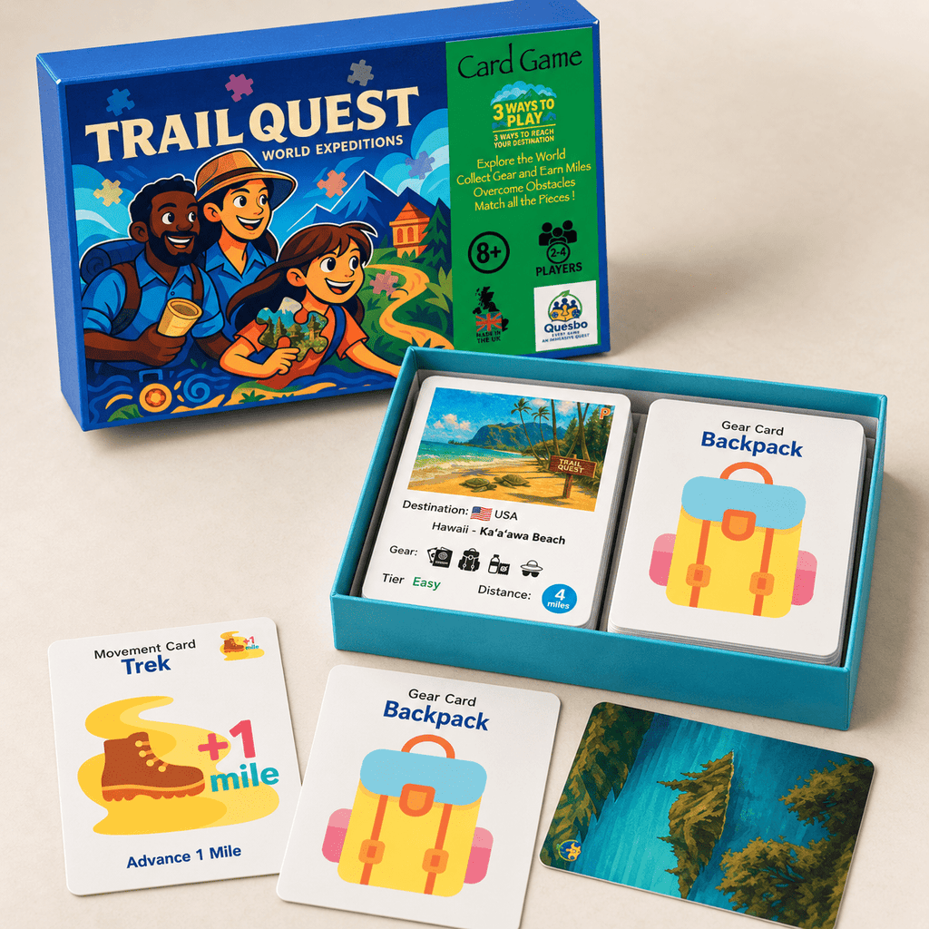 Trail Quest® World Expeditions Kids Travel Strategy Card Game Ages 8+ (First Edition) - Quesbo