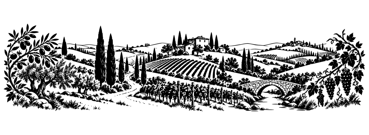 Tuscan Harvest panoramic black-and-white engraving design showing Tuscan hills, vineyard rows, cypress trees, a farmhouse and stone bridge; artwork only