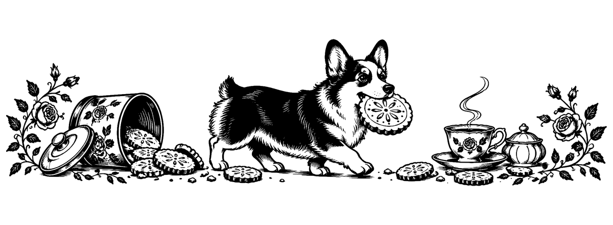 Corgi Biscuit Heist - flat black-and-white panoramic laser engraving artwork. A corgi carries an oversized biscuit beside a tipped tin, scattered biscuits, a teacup and decorative leaves.