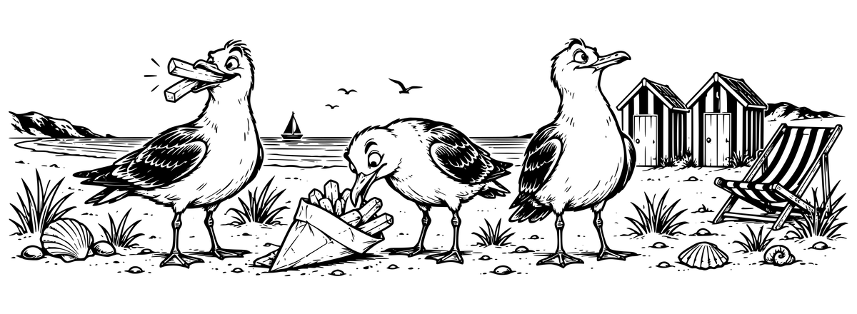 Seaside Chip Bandits - flat black-and-white panoramic laser engraving artwork. Three foreground seagulls stand around chips and a paper cone, framed by beach huts, a deckchair, shells and small distant birds.