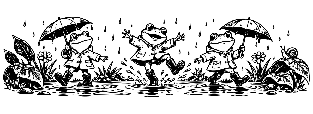 Rainy Day Frog Parade - flat black-and-white panoramic laser engraving artwork. Three frogs in wellies and raincoats parade through puddles with umbrellas, falling rain, leaves and a snail.